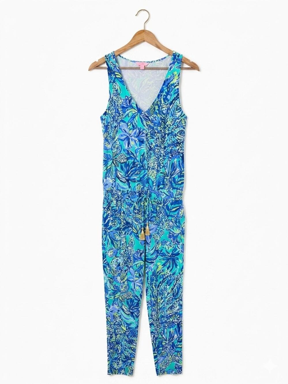Lilly Pulitzer Paulina Rayon Knit Jumpsuit S Excellent Blue Green Coastal small